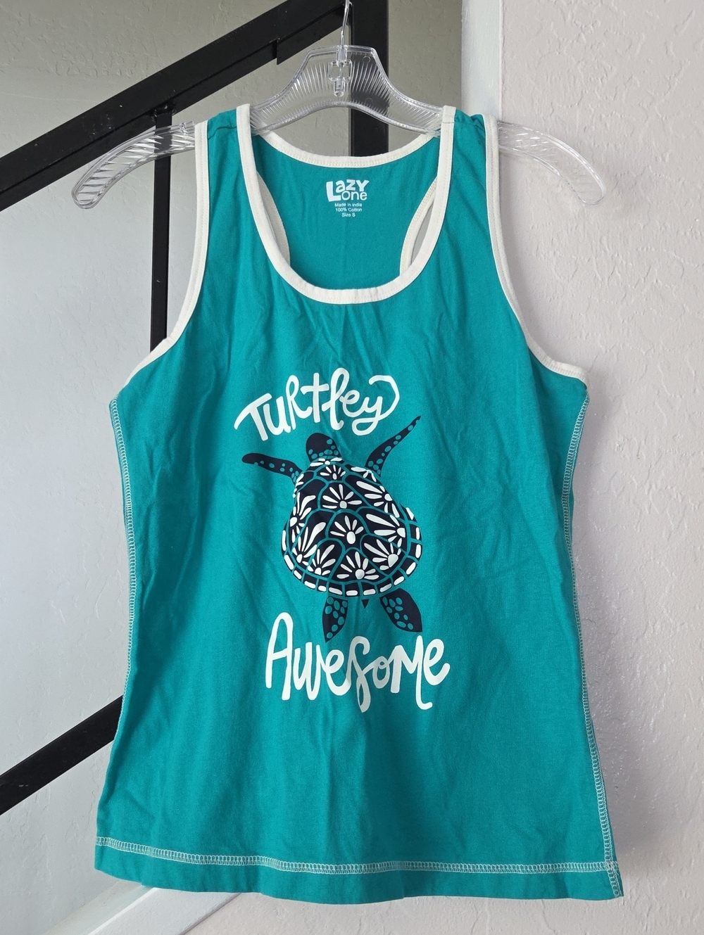 Lazy One Teal Turtle Graphic Tank with Cream Trim Size S